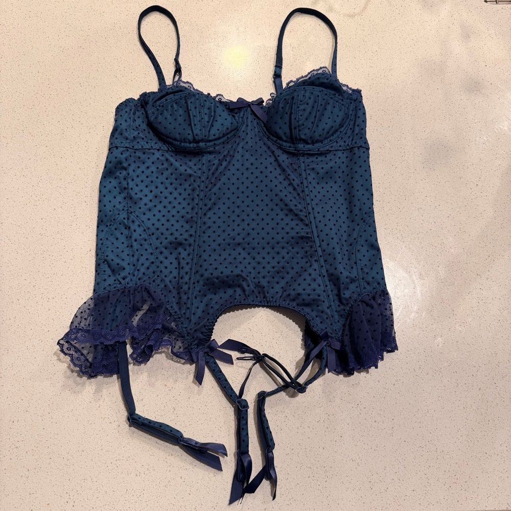 NWT Victoria’s Secret Incredible Polka Dot Corset Bustier Garter Teal Size 34B